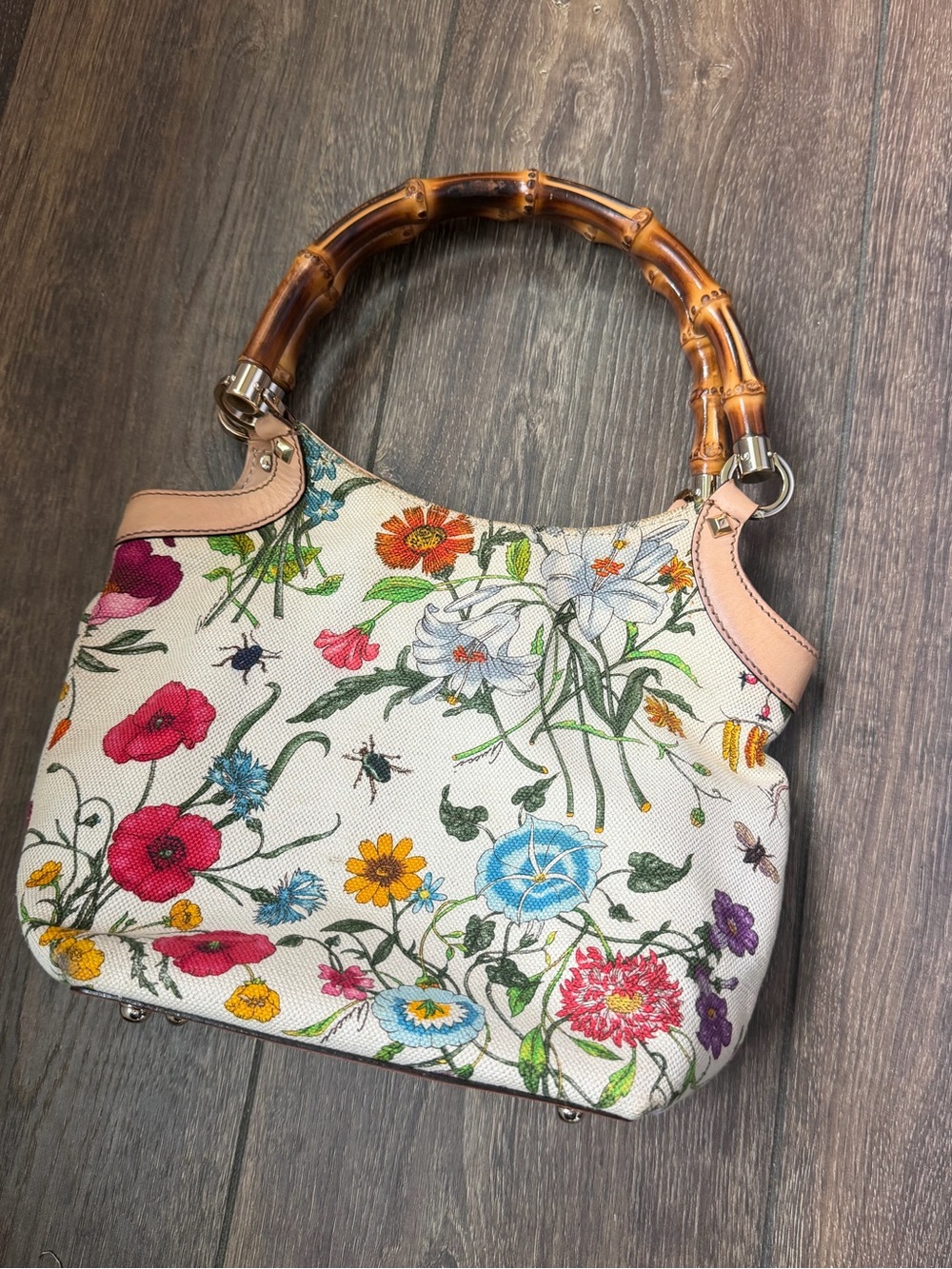 Vintage Floral Bamboo-Handle Gucci Bag